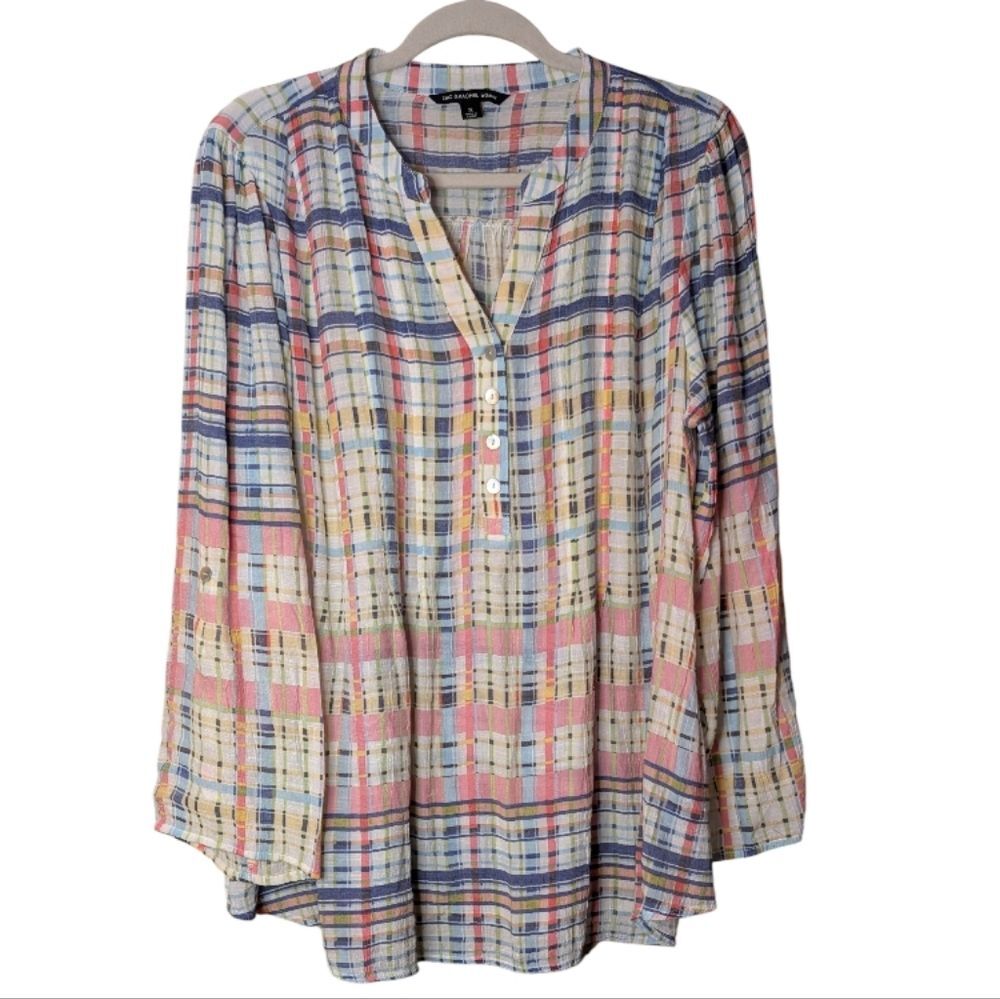 Zac & Rachel Women's Multicolor Pastel Plaid Tunic Blouse Roll Tab Sleeve 1X